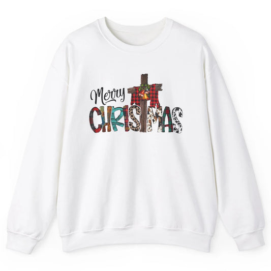 Leopard Jesus Cross Merry Christmas Christian Western Xmas Unisex Crewneck Sweatshirt