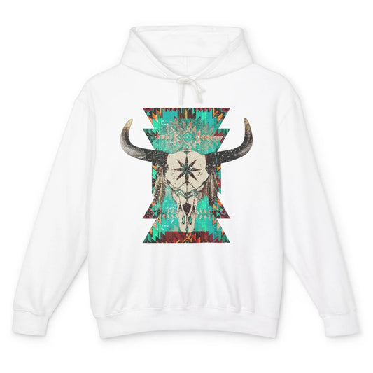 Boho Bull Skull Turquoise Aztec Western Country Rodeo Cowboy Unisex Lightweight Hoodie