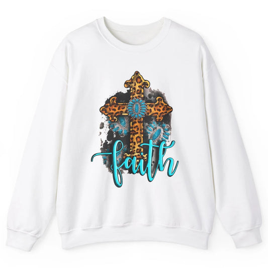 Western Gemstone Leopard Turquoise Cross Faith Jesus God Unisex Crewneck Sweatshirt