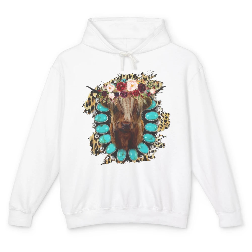 Floral Highland Cow Turquoise Western Country Cowboy Leopard Unisex Lightweight Hoodie