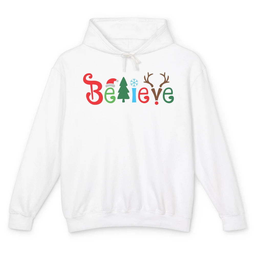 Funny Santa Claus Hat Believe Snowflakes Christmas Costume Unisex Lightweight Hoodie