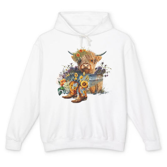 Cute Highland Cow In Metal Tub Western Cow Cowboy Boots Unisex Lightweight Hoodie