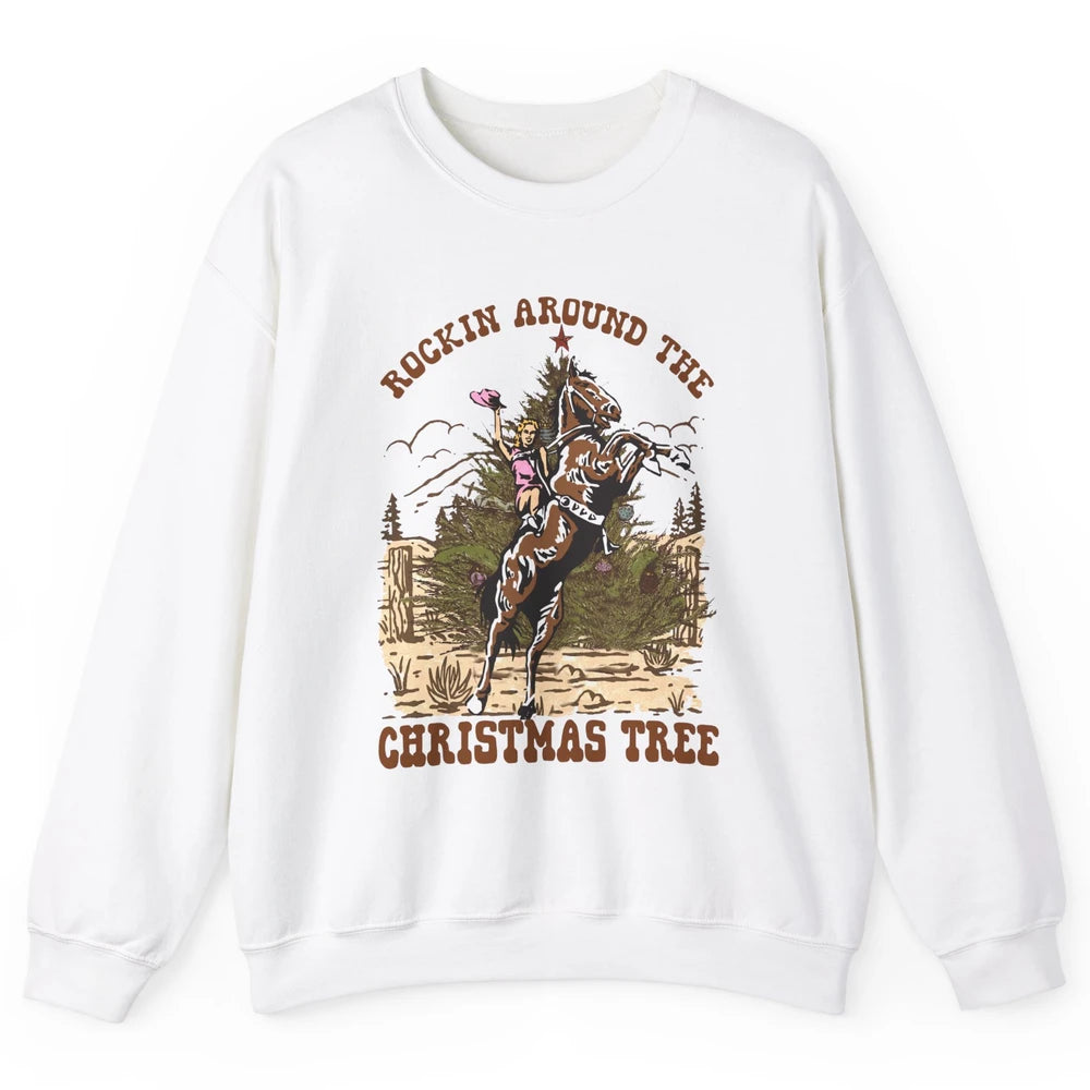 Funny Cowgirl Horsing Rocking Around Christmas Tree Western Unisex Crewneck Sweatshirt