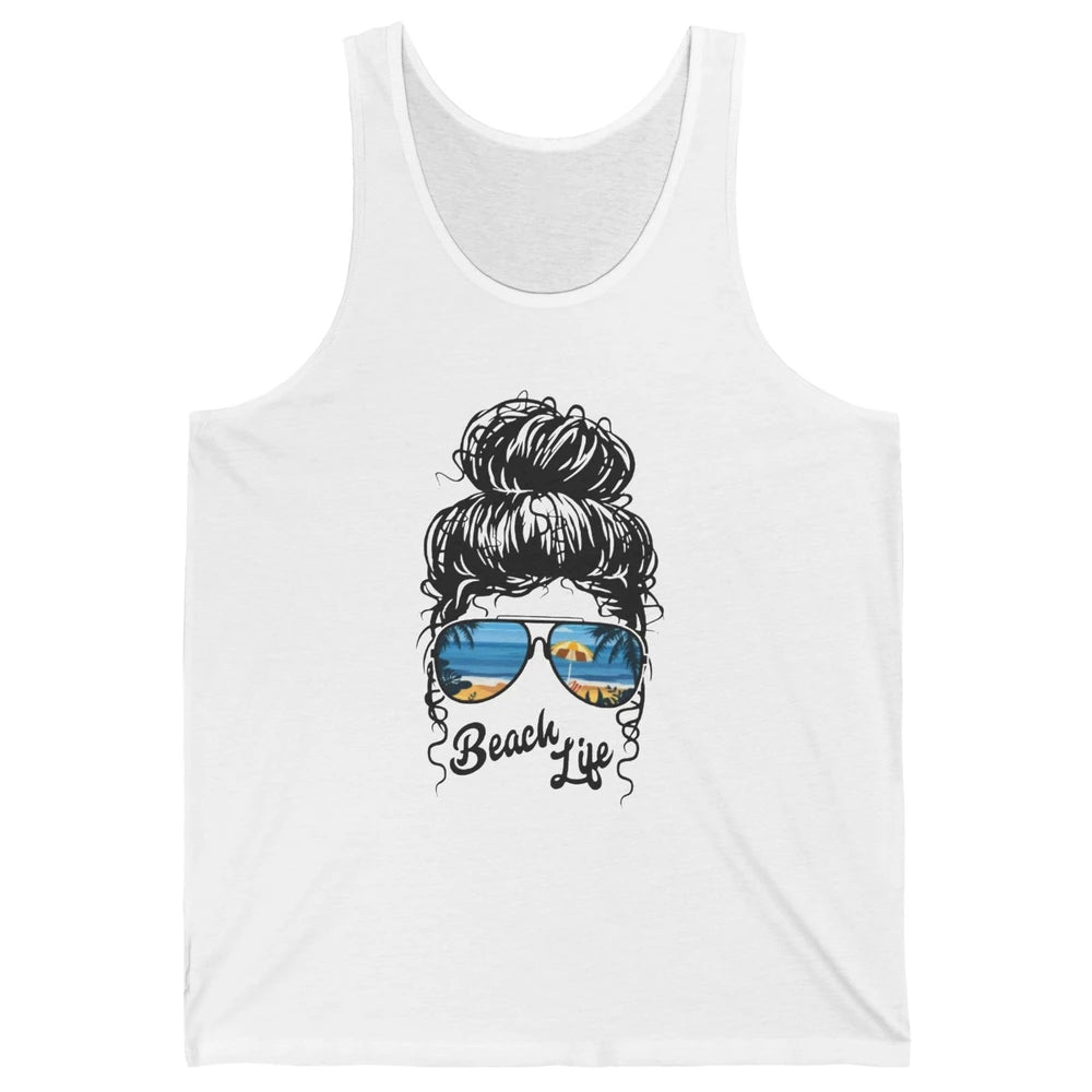 Beach Life Messy Bun Hawaiian Hair Retro Beach Palms Summer Unisex Jersey Tank