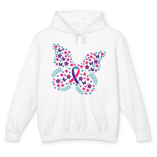 Floral Butterfly Teal Pink Warrior Thyroid Cancer Awareness Unisex Lightweight Hoodie