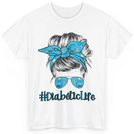 Diabetic Life Mom Messy Bun Blue Ribbon Diabetes Awareness Classic Unisex T-Shirt