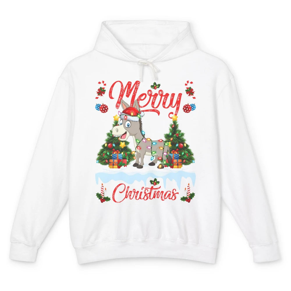 Merry Christmas Donkey Santa Claus Hat Xmas Tree Lights Snow Unisex Lightweight Hoodie