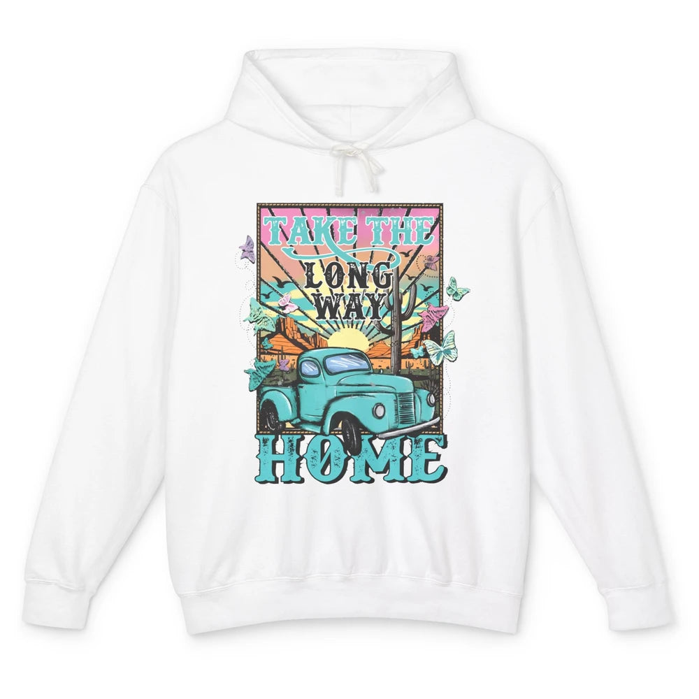 Retro Mountain Sunset Take The Long Way Home Western Country Unisex Lightweight Hoodie