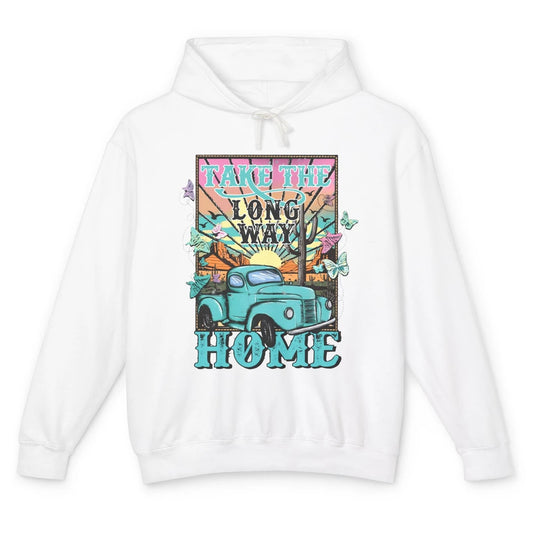 Retro Mountain Sunset Take The Long Way Home Western Country Unisex Lightweight Hoodie