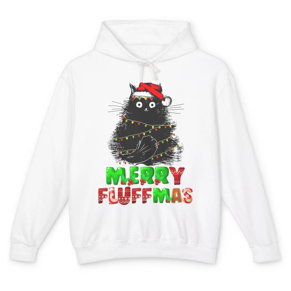 Merry Christmas Catmas Santa Hat Black Cat Xmas Lights Tree Unisex Lightweight Hoodie