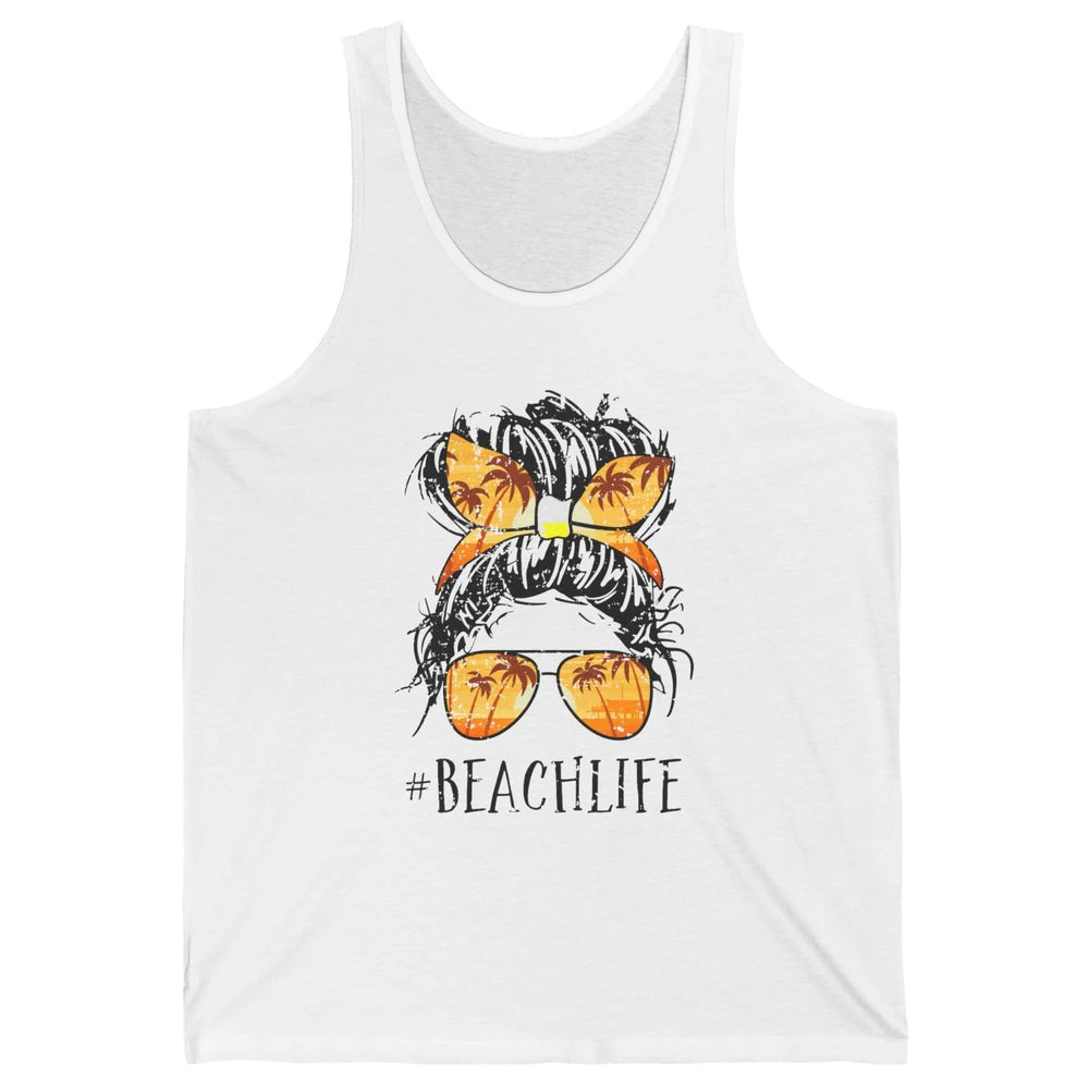 Beach Life Messy Bun Hair Retro Vintage Beach Palms Summer Unisex Jersey Tank