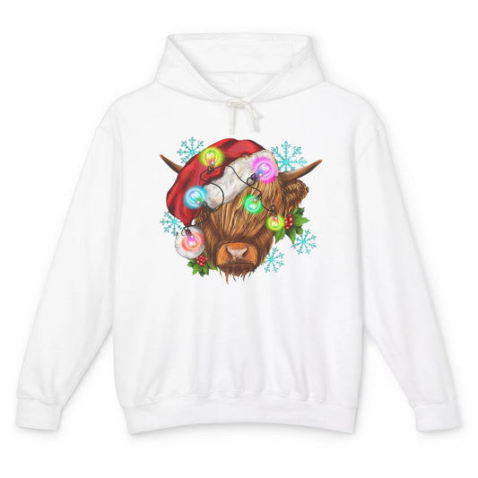 Christmas Highland Cow Xmas Light Western Christmas Cow Unisex Lightweight Hoodie