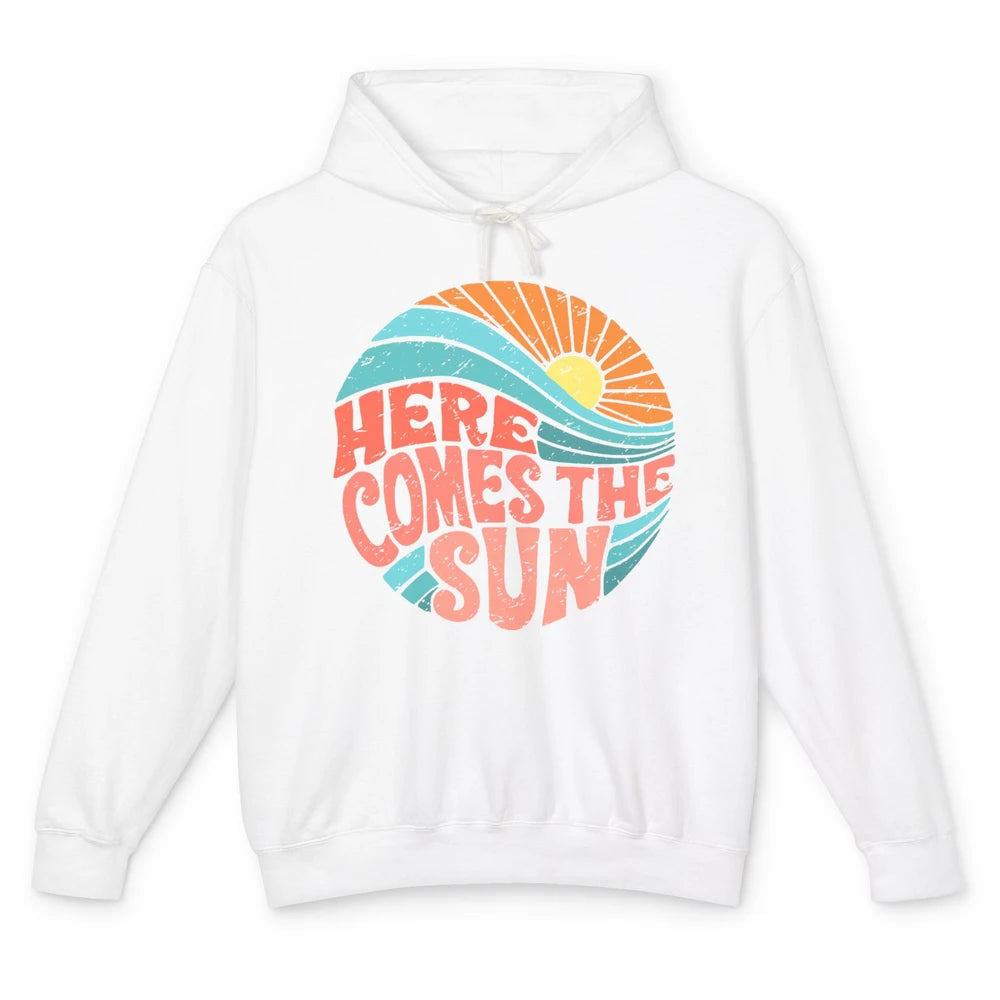 Retro Rainbow Sunrise Here Comes The Sun Hippie Girl Unisex Lightweight Hoodie