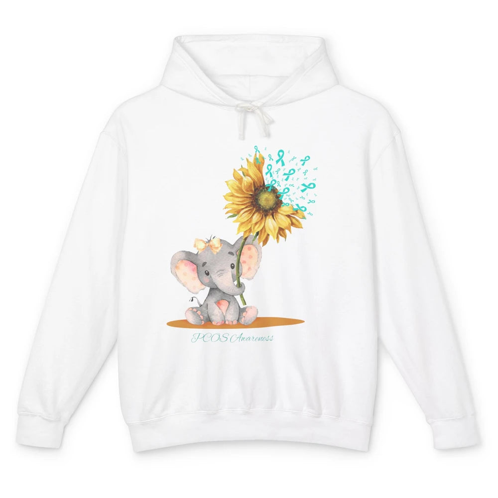 Sunflower Baby Elephant PCOS Awareness Teal Ribbon Elephant Unisex Lightweight Hoodie