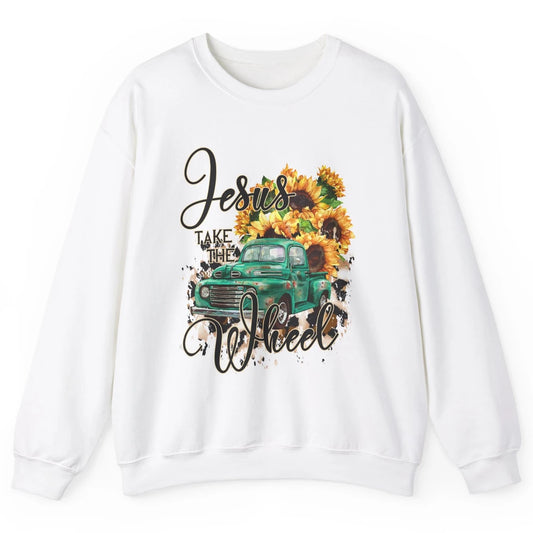 Sunflower Truck Jesus Take The Wheel Christian Gift Leopard Unisex Crewneck Sweatshirt