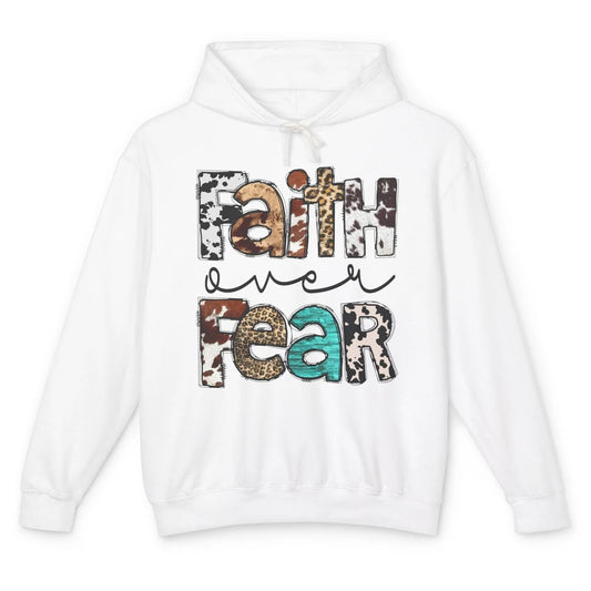 Faith Over Fear Leopard Cowhide Western Christian Cross Unisex Lightweight Hoodie