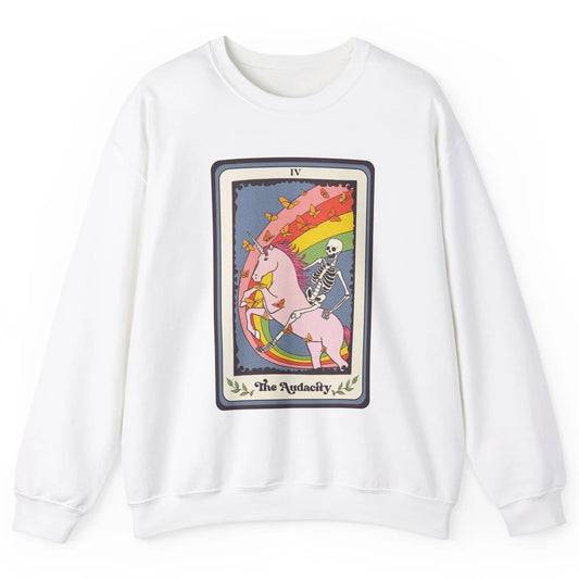 Retro Skeleton Rides Unicorn The Audacity Tarot Card Rainbow Unisex Crewneck Sweatshirt