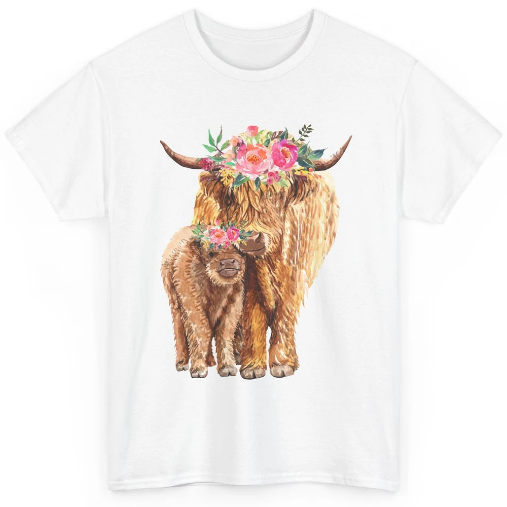 Floral Highland Cow Mom And Baby Western Country Heifer Mom Classic Unisex T-Shirt