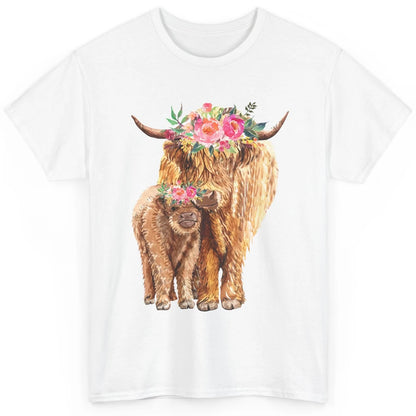 Floral Highland Cow Mom And Baby Western Country Heifer Mom Classic Unisex T-Shirt