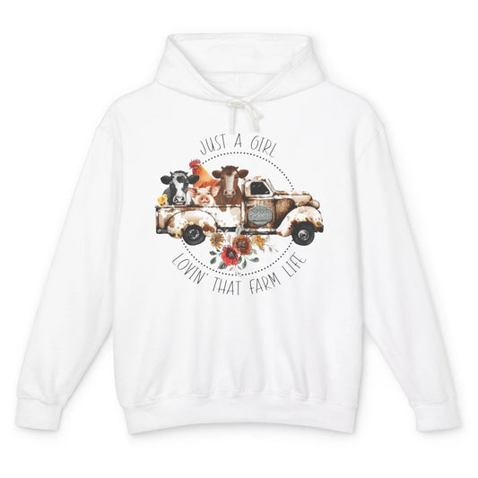 Retro Truck Just A Girl Loving That Farm Life Farm Animals Unisex Lightweight Hoodie