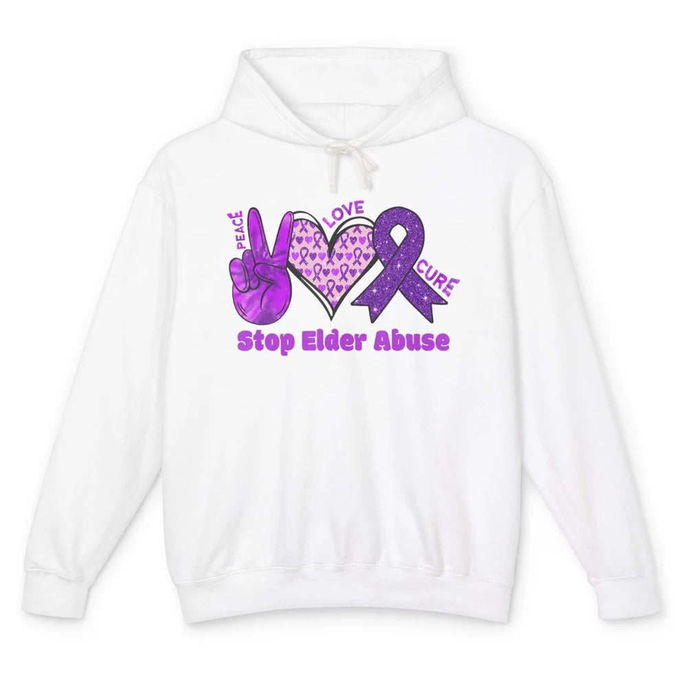 Peace Love Hope Heart Purple Ribbon Elder Abuse Awareness Unisex Lightweight Hoodie