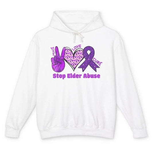 Peace Love Hope Heart Purple Ribbon Elder Abuse Awareness Unisex Lightweight Hoodie