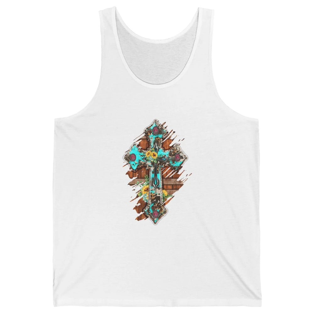 Western Country Boho Christian Turquoise Leopard Faith Cross Unisex Jersey Tank