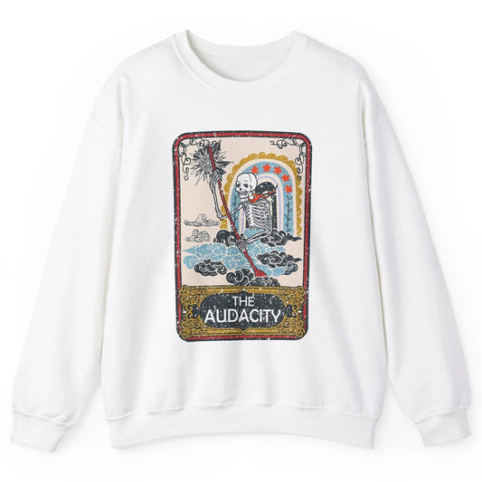 Retro Skeleton Riding Clouds Rainbow The Audacity Tarot Card Unisex Crewneck Sweatshirt