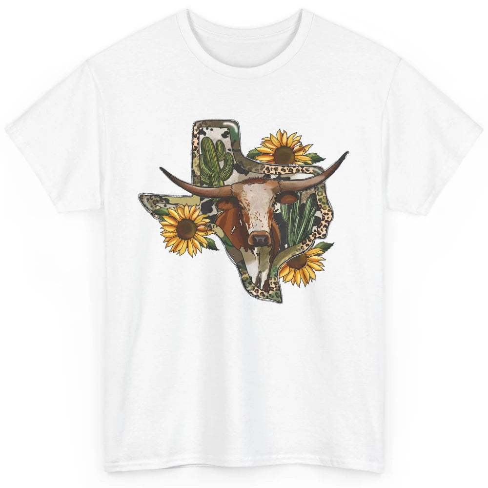 Texas Map Leopard Sunflower Western Texas Cow Longhorn Classic Unisex T-Shirt