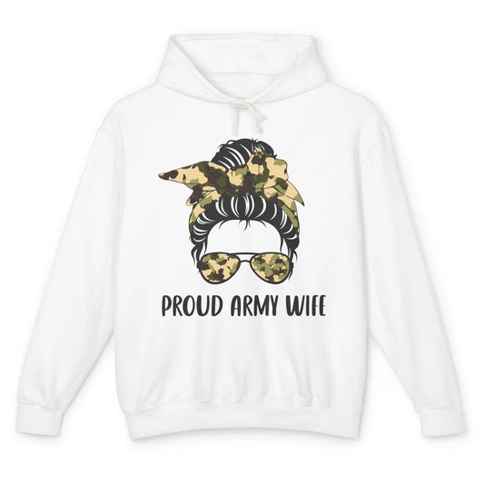 Proud Army Wife Messy Bun Hair Proud Wife Of A US Soldier Unisex Lightweight Hoodie