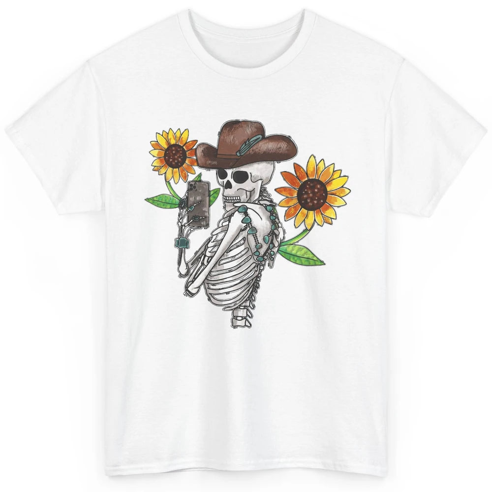 Western Cowboy Hat Skeleton Sunflower Funny Skeleton Selfie Classic Unisex T-Shirt