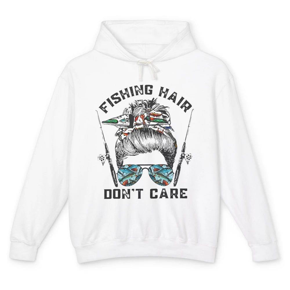 Messy Bun Fishing Hair Don't Care Reel Girls Fish Fisherman Unisex Lightweight Hoodie