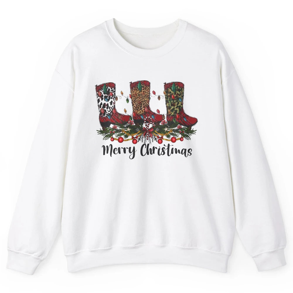 Christmas Cowboy Boots Santa Boots Leopard Western Christmas Unisex Crewneck Sweatshirt