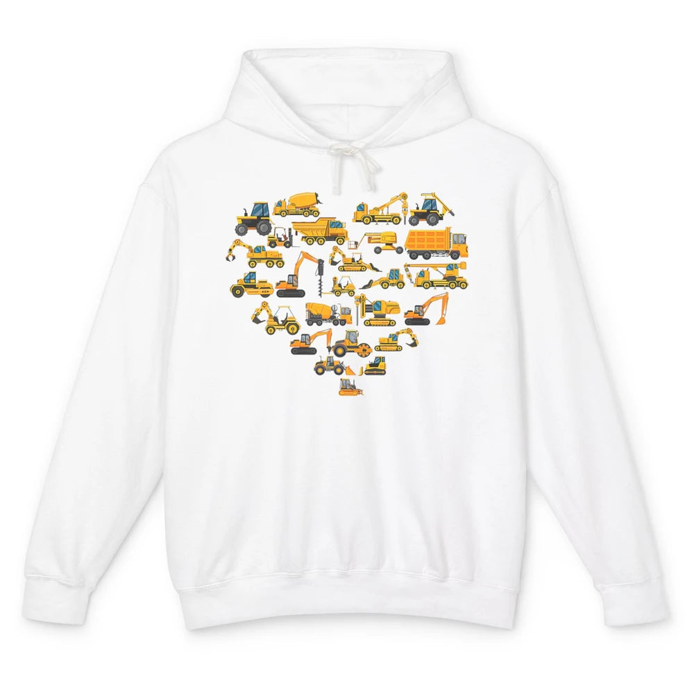 Types Of Construction Excavator Bulldozer Truck Heart Love Unisex Lightweight Hoodie