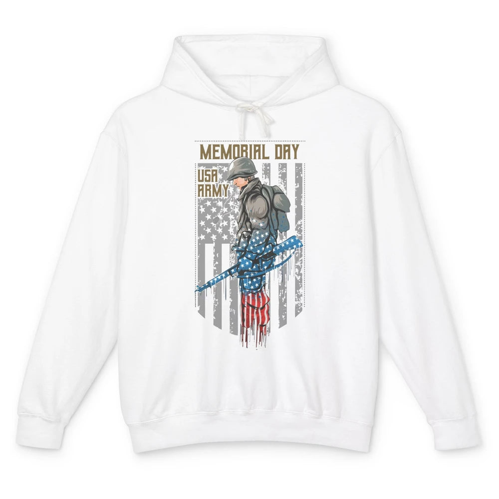 US Army Veteran With Gun American Flag US Pride Memorial Day Unisex Lightweight Hoodie