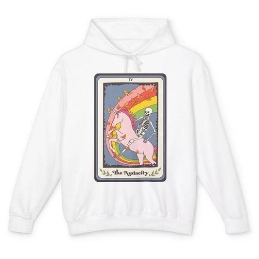 Retro Skeleton Rides Unicorn The Audacity Tarot Card Rainbow Unisex Lightweight Hoodie