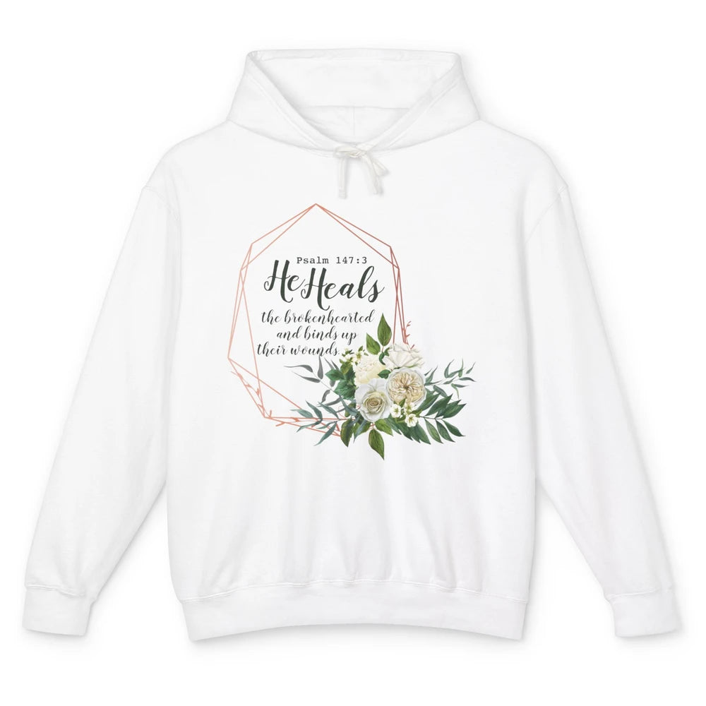 God Heal Brokenhearted Bible Verse Floral Christian Religion Unisex Lightweight Hoodie