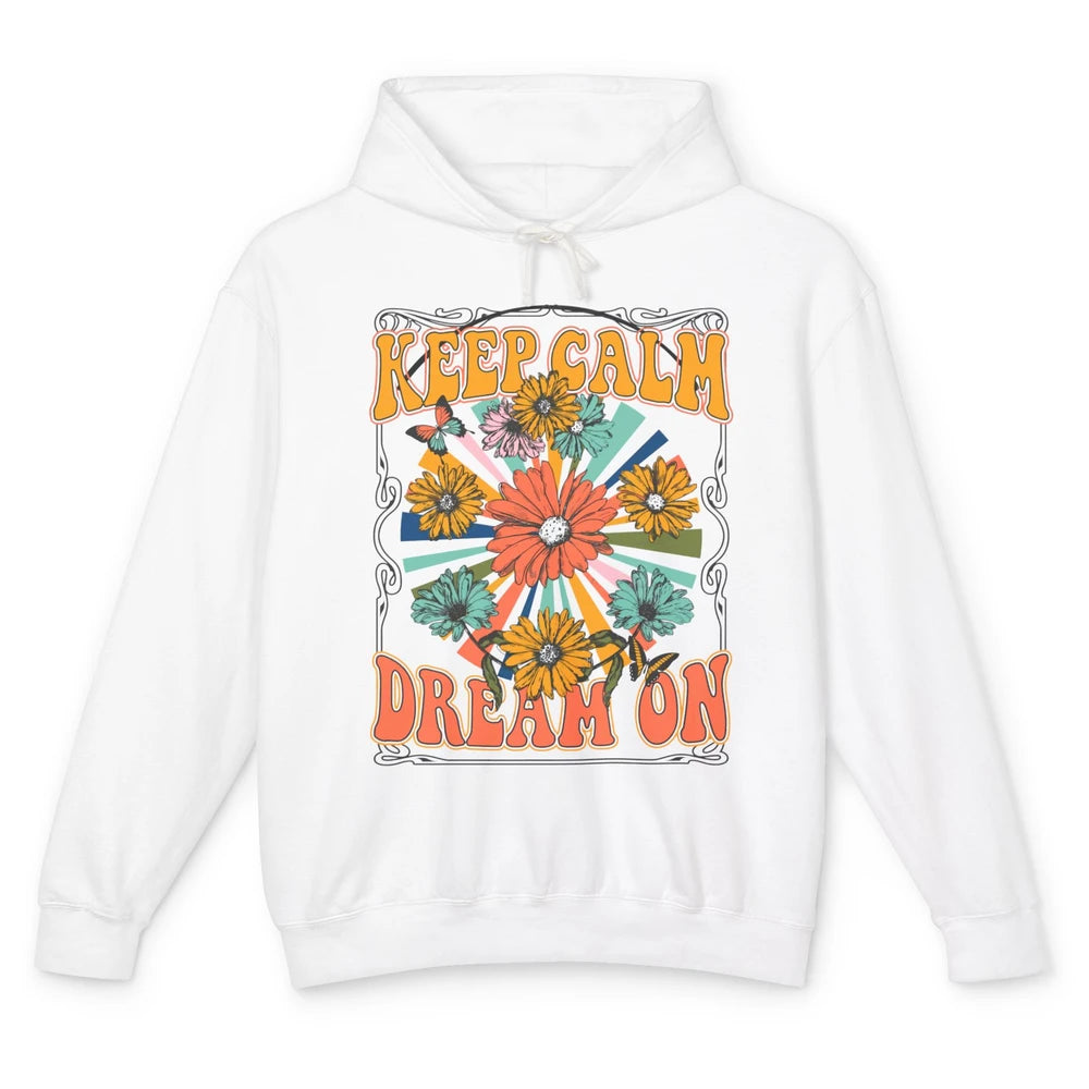 Retro Floral Rainbow Keep Calm Dream On Peace Hippie Girl Unisex Lightweight Hoodie