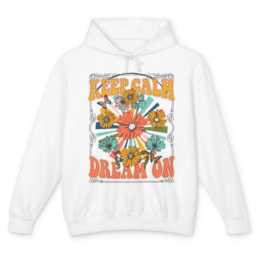 Retro Floral Rainbow Keep Calm Dream On Peace Hippie Girl Unisex Lightweight Hoodie