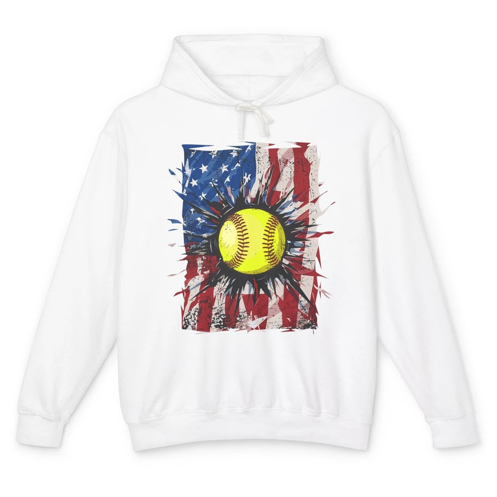 Retro US Flag Softball July 4th Baseball Players Patriotic Unisex Lightweight Hoodie