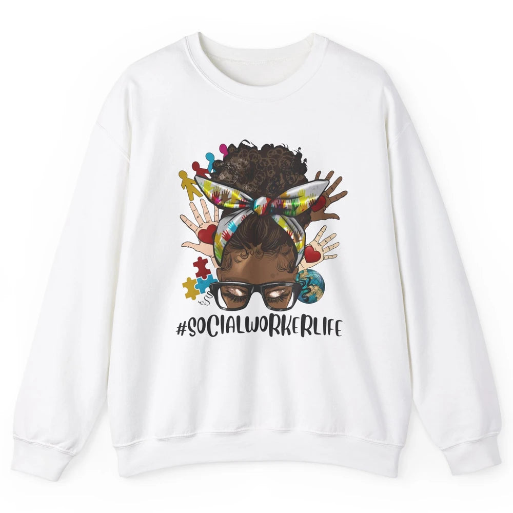 Social Worker Life Messy Bun Black Girl Glasses Be Kind Unisex Crewneck Sweatshirt