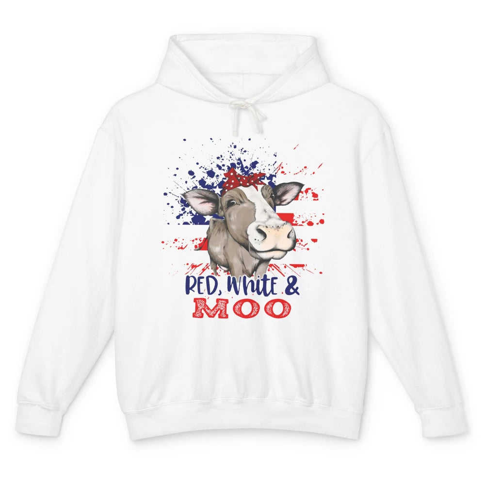 Red White Moo Cow America Flag 4th of July Patriotic Unisex Lightweight Hoodie