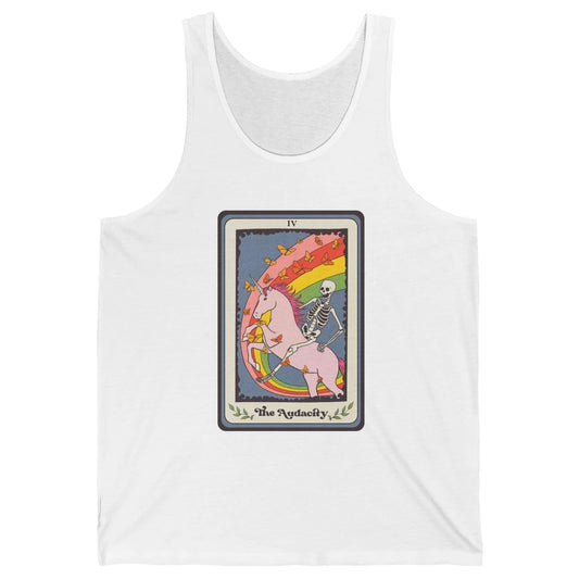 Retro Skeleton Rides Unicorn The Audacity Tarot Card Rainbow Unisex Jersey Tank