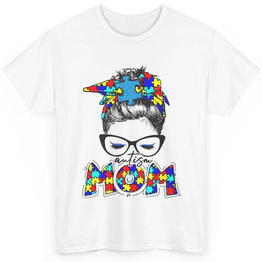 Autism Mom Messy Bun Bandana Puzzle Autism Awareness Month Classic Unisex T-Shirt