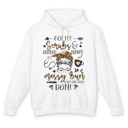 Messy Bun Hair Nurse Life Coffee Scrubs And Gloves Leopard Unisex Lightweight Hoodie