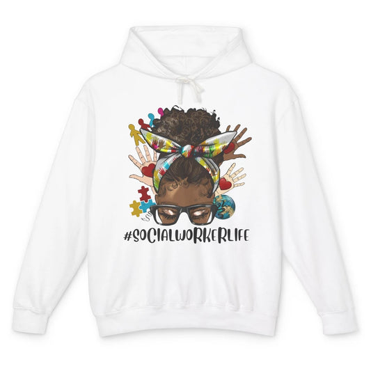 Social Worker Life Messy Bun Black Girl Glasses Be Kind Unisex Lightweight Hoodie