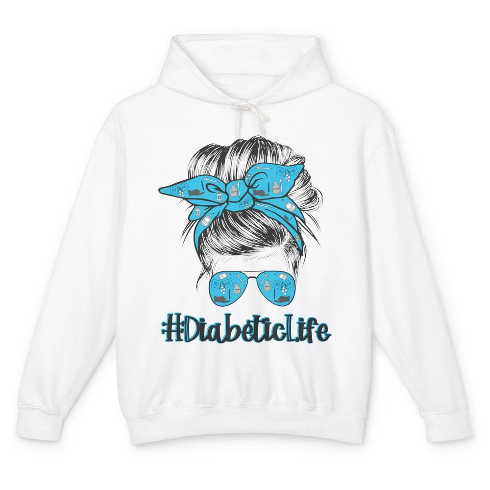 Diabetic Life Mom Messy Bun Blue Ribbon Diabetes Awareness Unisex Lightweight Hoodie