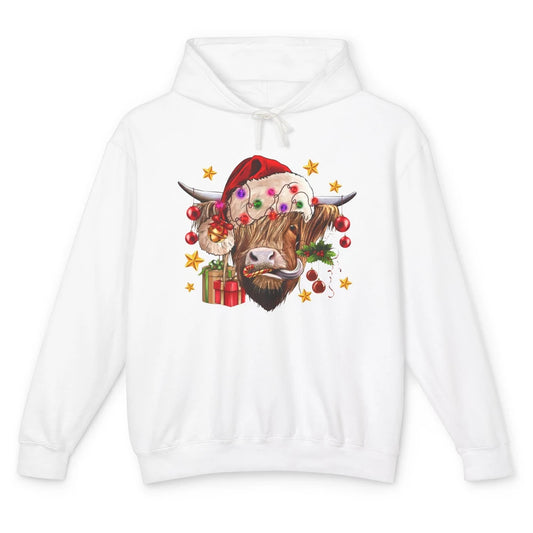 Highland Cow Joy Santa Hat Christmas Ornament Western Farm Unisex Lightweight Hoodie