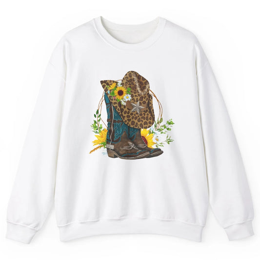 Western Floral Cowboy Boots Hat Leopard Flower Texas Vintage Unisex Crewneck Sweatshirt