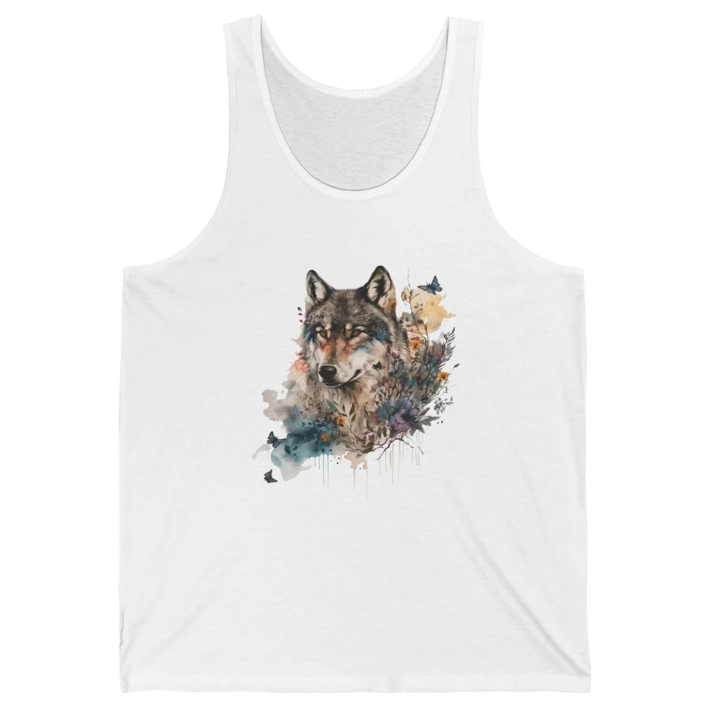 Watercolor Wolf Face Howl Butterfly Wolves Wild Animal Retro Unisex Jersey Tank